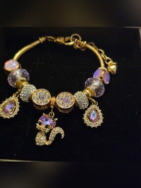 Gold-Tone Purple Crystal Cat Charm Bracelet